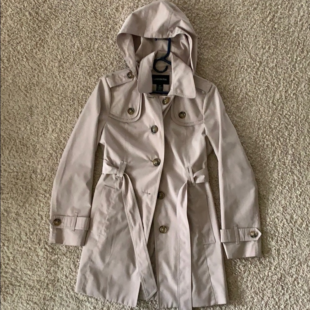 London Fog khaki trench coat with hood and belt